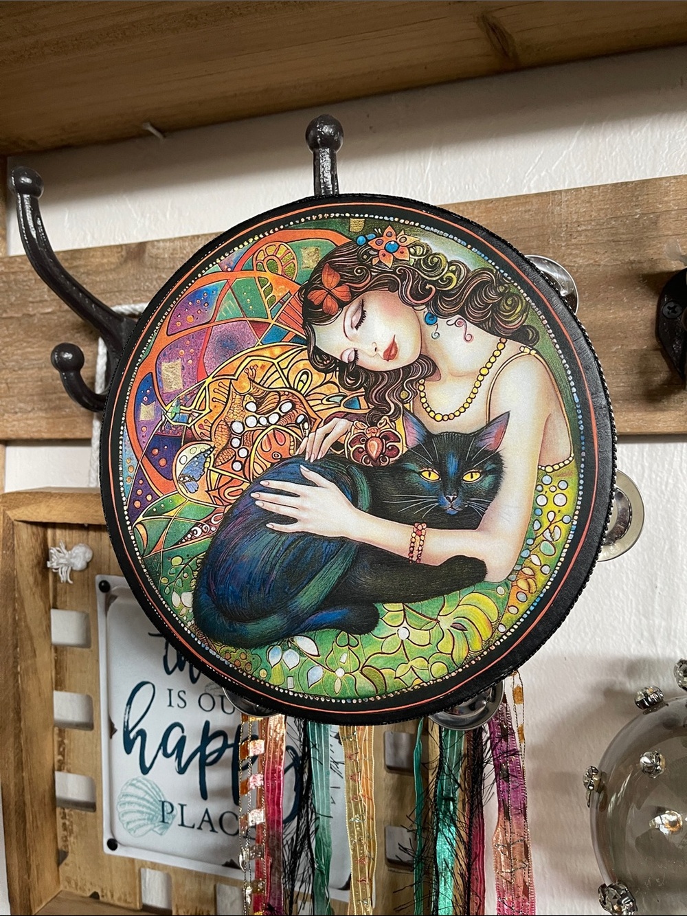 Artistic Woman & Black Cat Wall Decor - Tambourine Multicolor